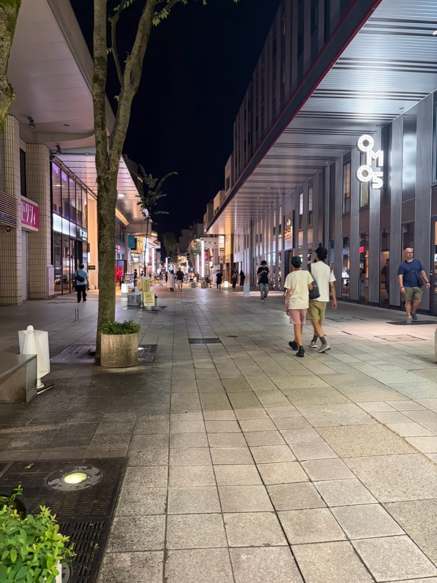 夜の竪町通り。街路樹と店舗の明かりが並ぶ広い歩行者向けの通り